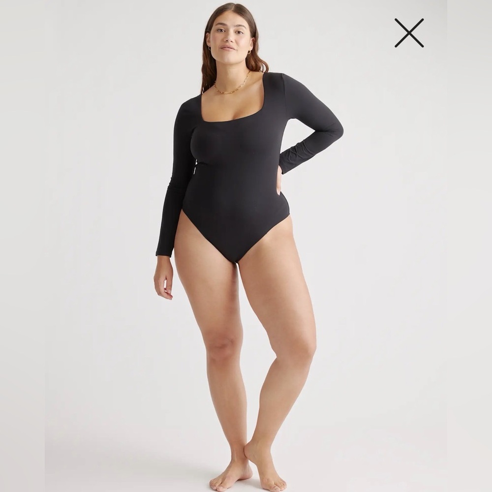 Quince Second Skin Square Neck Long Sleeve Bodysuit | Black